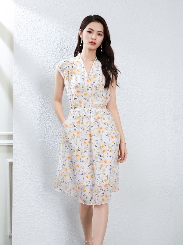 Φόρεμα μεταξιού Mulberry με floral print, V-λαιμό, υψηλή μέση, κοντά μανίκια, Α γραμμή, midi μήκος, ψηφιακή εκτύπωση