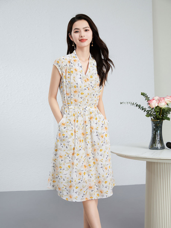 Φόρεμα μεταξιού Mulberry με floral print, V-λαιμό, υψηλή μέση, κοντά μανίκια, Α γραμμή, midi μήκος, ψηφιακή εκτύπωση