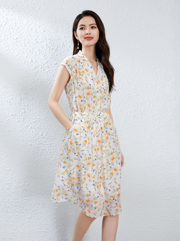 Φόρεμα μεταξιού Mulberry με floral print, V-λαιμό, υψηλή μέση, κοντά μανίκια, Α γραμμή, midi μήκος, ψηφιακή εκτύπωση