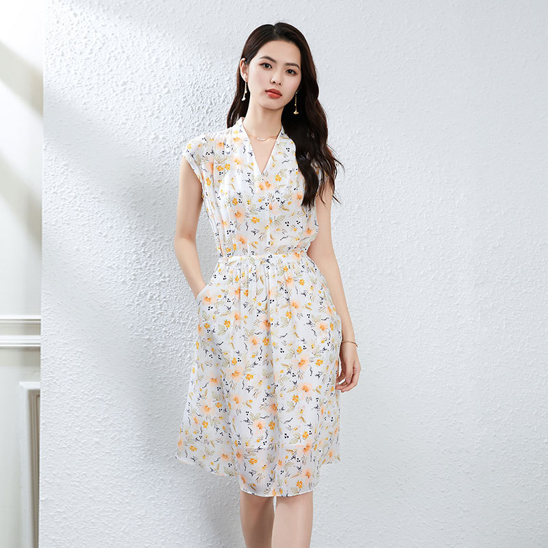 Φόρεμα μεταξιού Mulberry με floral print, V-λαιμό, υψηλή μέση, κοντά μανίκια, Α γραμμή, midi μήκος, ψηφιακή εκτύπωση