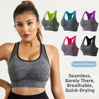 Moterų sportinis topas su įdėklu bėgimui ir jogai — kvėpuojantis megztinis, nugaros formavimas, reguliuojami dirželiai, didelių krūtų minimizavimas.