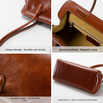 Pažastinė rankinė – natūralios odos iš pirmojo sluoksnio, horizontali kvadratinė forma, magnetinis užsegimas, vidiniai kišenės telefonui ir asmens tapatybės kortelei, miesto minimalistinis stilius