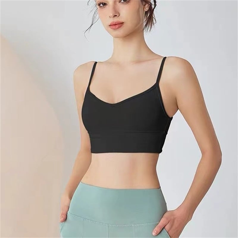 Nova yoga sportska grudnjak s tankim trakama, bezšiven, pun kupa, čvrste halter trake, dizajn s umetkom, glavna tkanina 75% najlon, 25% spandeks; podstava: 25% spandeks.