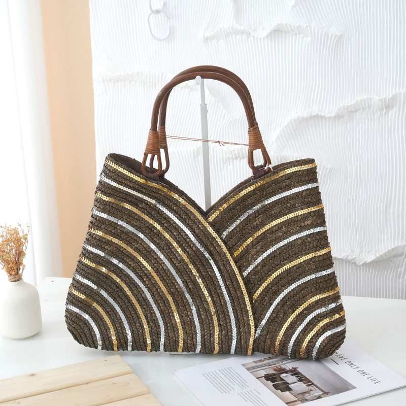 Torba od slame, pletena - gradski minimalistički stil, zatvaranje šnuralom, poliester podstava, uspravni pravokutni oblik