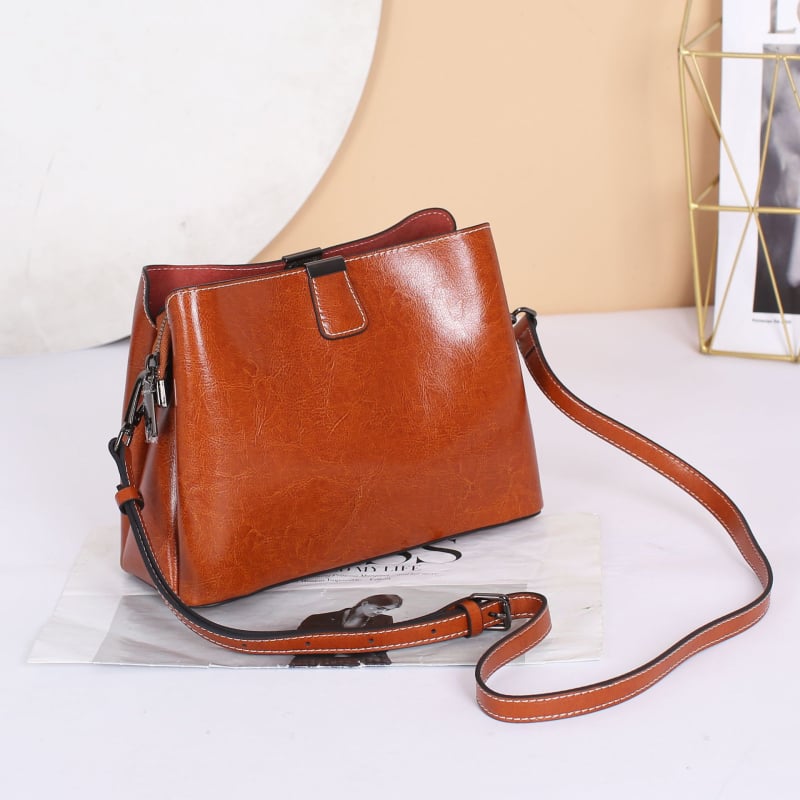 Geantă crossbody din piele naturală pentru femei, piele cu luciu cerat uleios, capacitate mare, formă pătrată orizontală, închidere cu fermoar