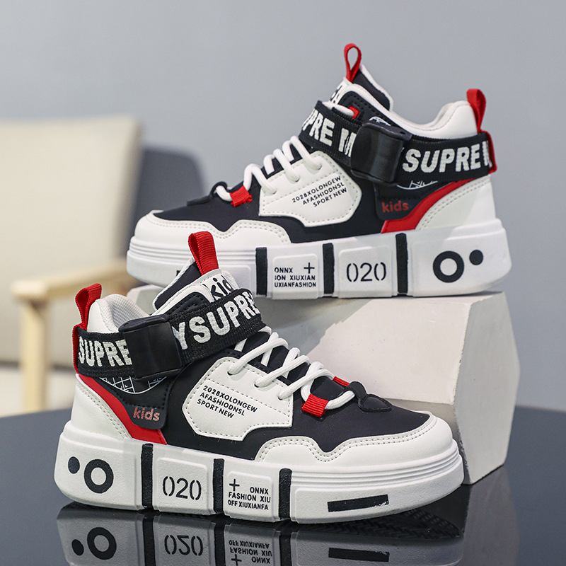 Muške visokoklopne tenisice s umjetnom kožom, mekana potplata, protuklizni potplat, jesen, za djecu 7–16 godina