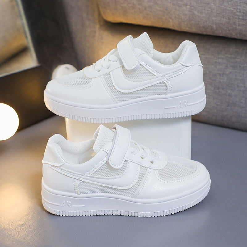 Gyerekeknek fehér sportcipő Velcro zárással, PU felsőrész, PU talpbetét, műanyag talp, alacsony boka magasság