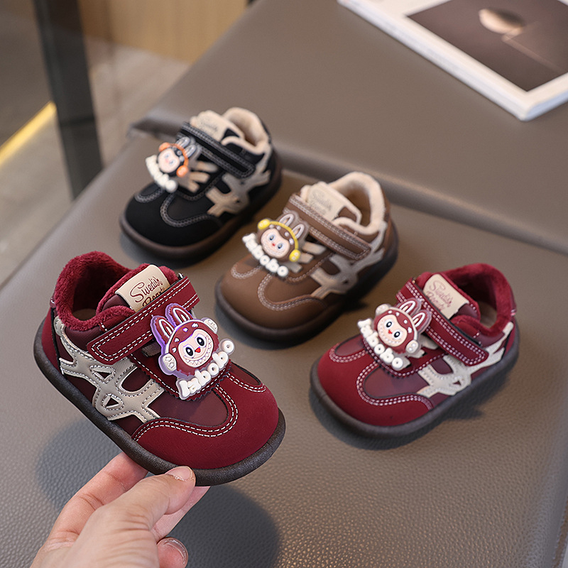 Adidași de iarnă pentru copii cu căptușeală din fleece, închidere Velcro, talpă PVC, gleznă joasă