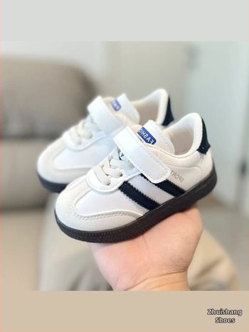 Detské tréningové tenisky - zapínanie na suchý zips, vrchný materiál z umelej kože, pruhovaný vzor, podrážka z hovädzej kože, pre deti 1–3 rokov