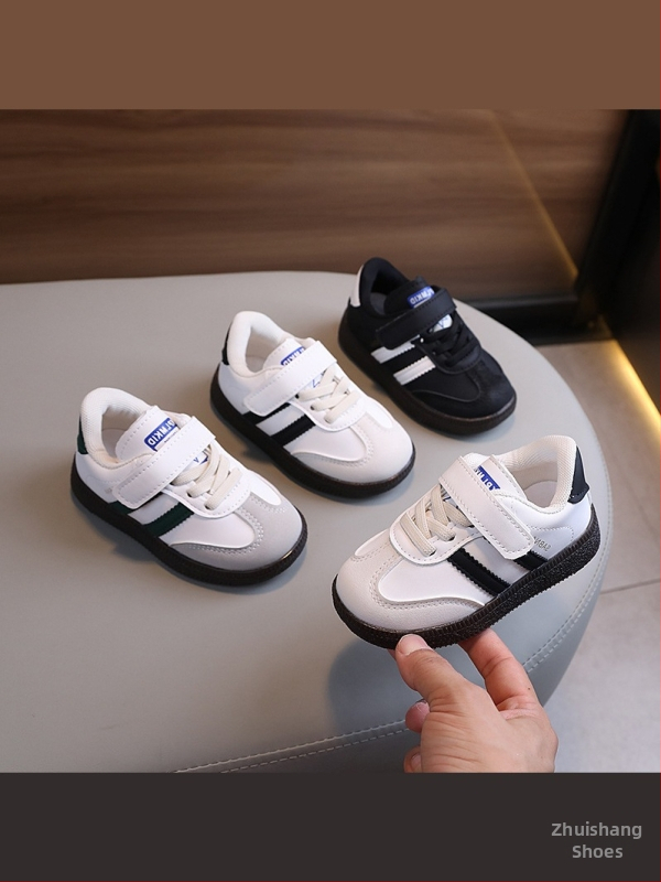 Detské tréningové tenisky - zapínanie na suchý zips, vrchný materiál z umelej kože, pruhovaný vzor, podrážka z hovädzej kože, pre deti 1–3 rokov