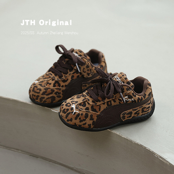 Adidași pentru copii din nabuk, imprimeu leopard, închidere Velcro, talpă din cauciuc, talpă joasă, antiderapant