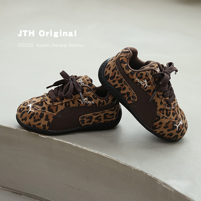 Adidași pentru copii din nabuk, imprimeu leopard, închidere Velcro, talpă din cauciuc, talpă joasă, antiderapant