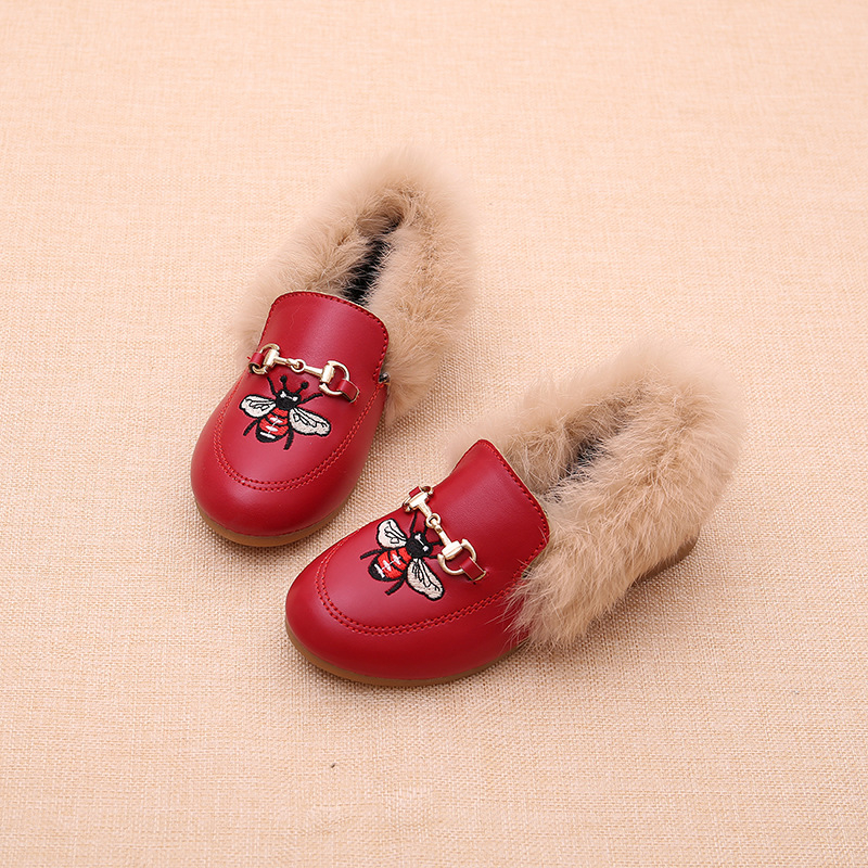 Pantofi de copii cu blăniță, parte superioară PU, talpă din cauciuc, încălțăminte de iarnă caldă pentru fete, 1–12 ani, stil britanic, broderie
