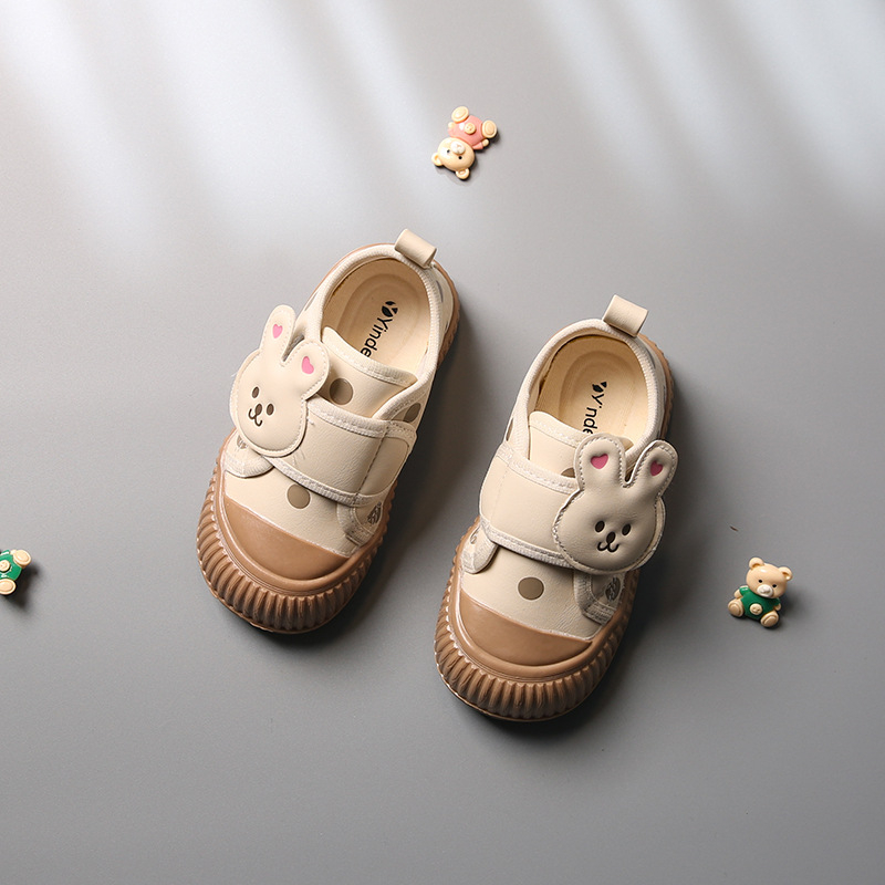 Pantofi de interior pentru fete, cu broderie cartoon, închidere Velcro, partea superioară din PU artificial, talpă TPR anti-derapare, branț textil