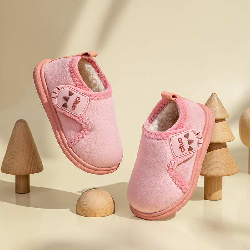 Zimske dječje pamučne papuče, unisex, tople, protuklizna potplata, podstavljene fleeceom, zatvaranje Velcro, zatvoren stražnji dio, za bebe i djecu