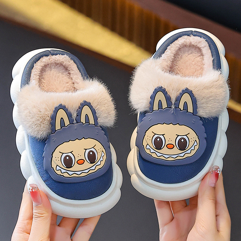 Dječje papuče od pamuka s fleece gornjim dijelom, cartoon stil, protuklizna gumena potplata, za zimu i jesen
