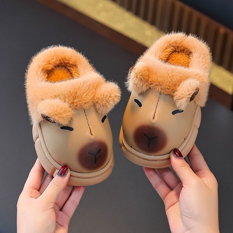 Kapibara dječje pamučne papuče za zimu, gornji dio od PU kože, vodootporne, unisex, motiv životinja, EVA đon