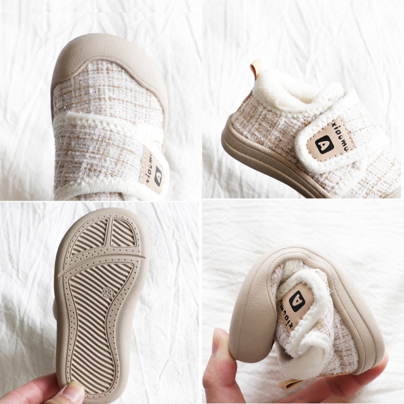 Gyerek téli beltéri cipő bársonyos felsőrésszel, Velcro zárás, csíkos mintázat, vastag gumi talppal, 1–6 éves korosztálynak