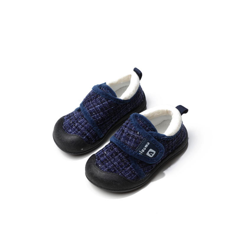 Gyerek téli beltéri cipő bársonyos felsőrésszel, Velcro zárás, csíkos mintázat, vastag gumi talppal, 1–6 éves korosztálynak