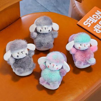 Gyermekeknek készült házicipő nyúl szőrrel a felsőrészen, PVC talppal, vastag, belső használatra, rajzfilm stílus, 1–16 éveseknek