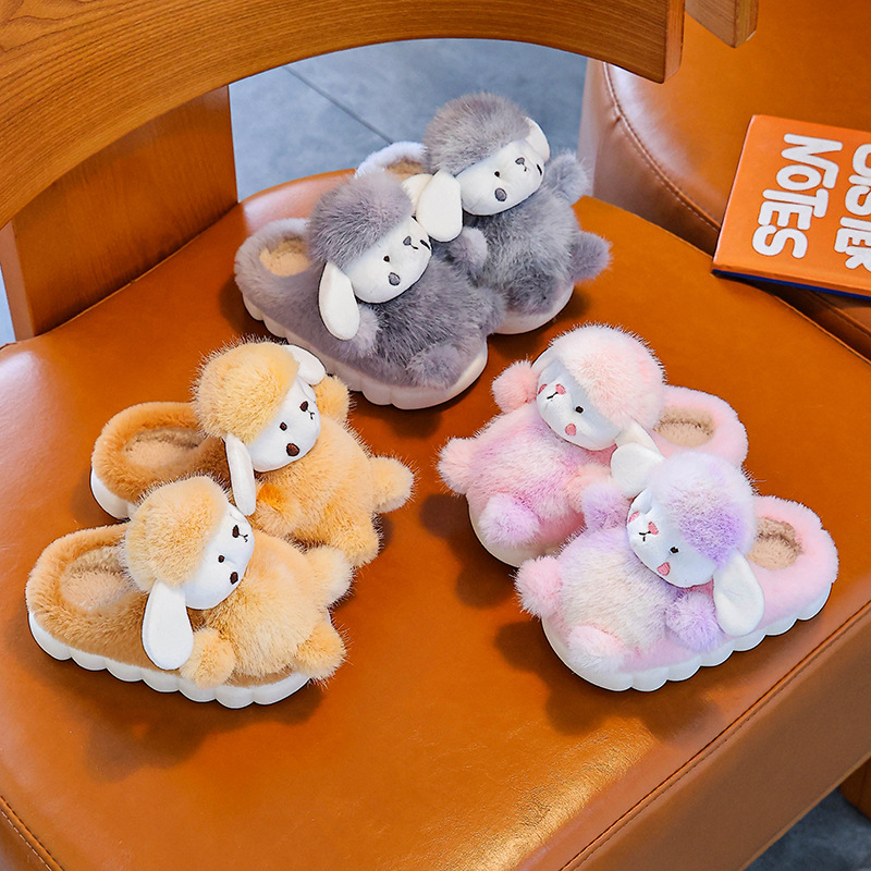 Gyermekeknek készült házicipő nyúl szőrrel a felsőrészen, PVC talppal, vastag, belső használatra, rajzfilm stílus, 1–16 éveseknek