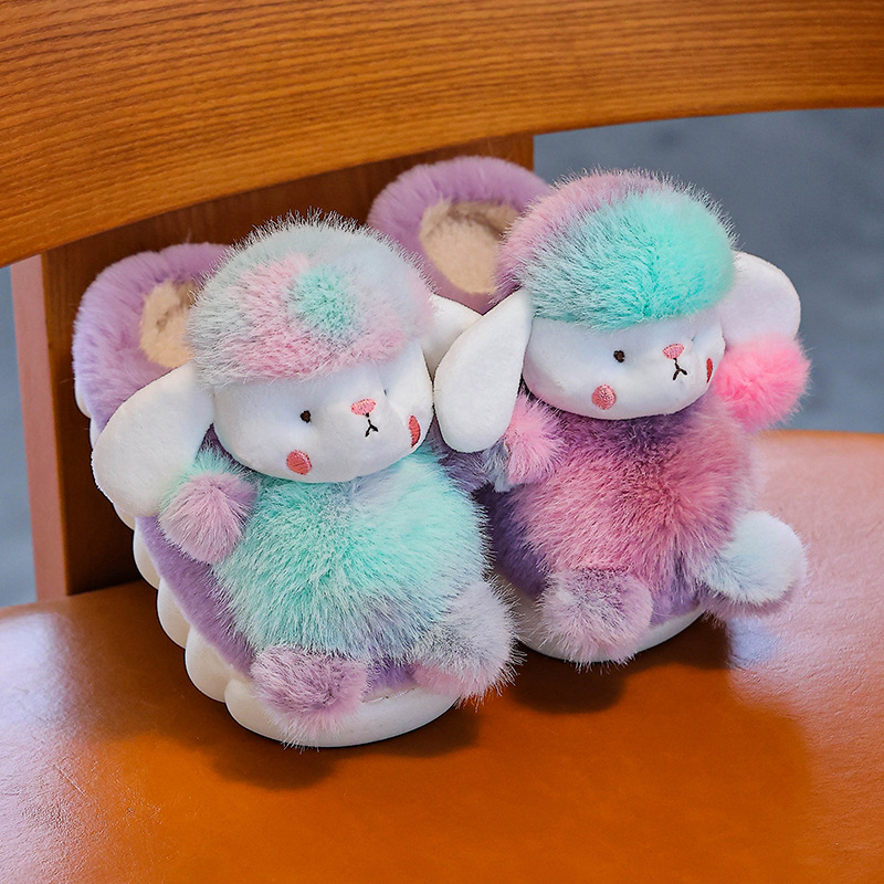 Gyermekeknek készült házicipő nyúl szőrrel a felsőrészen, PVC talppal, vastag, belső használatra, rajzfilm stílus, 1–16 éveseknek