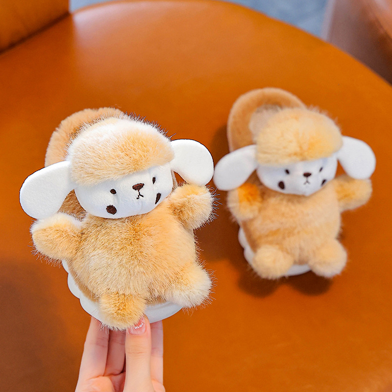 Gyermekeknek készült házicipő nyúl szőrrel a felsőrészen, PVC talppal, vastag, belső használatra, rajzfilm stílus, 1–16 éveseknek