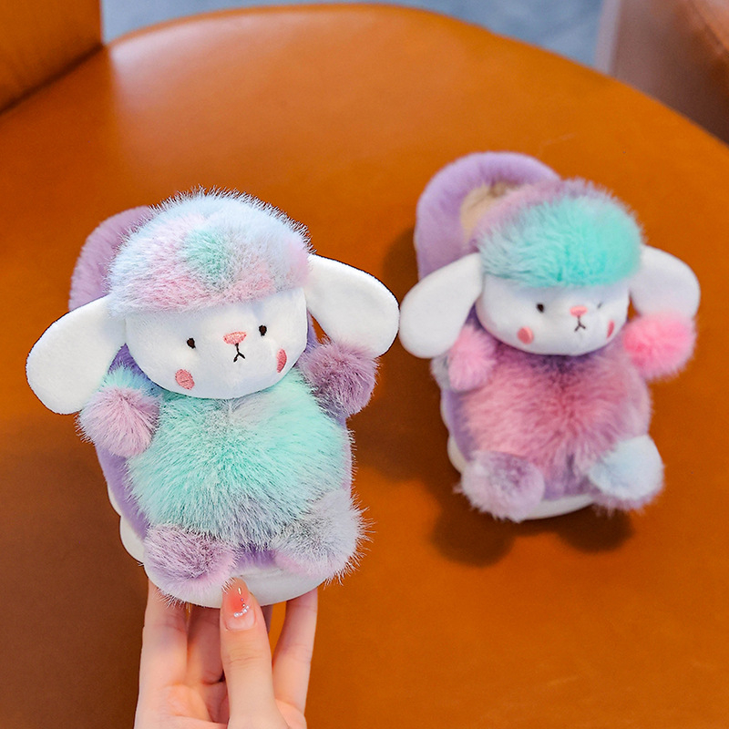 Gyermekeknek készült házicipő nyúl szőrrel a felsőrészen, PVC talppal, vastag, belső használatra, rajzfilm stílus, 1–16 éveseknek