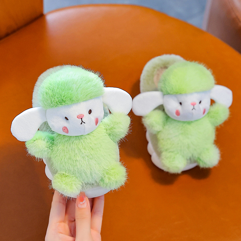 Gyermekeknek készült házicipő nyúl szőrrel a felsőrészen, PVC talppal, vastag, belső használatra, rajzfilm stílus, 1–16 éveseknek