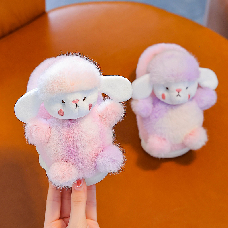 Gyermekeknek készült házicipő nyúl szőrrel a felsőrészen, PVC talppal, vastag, belső használatra, rajzfilm stílus, 1–16 éveseknek