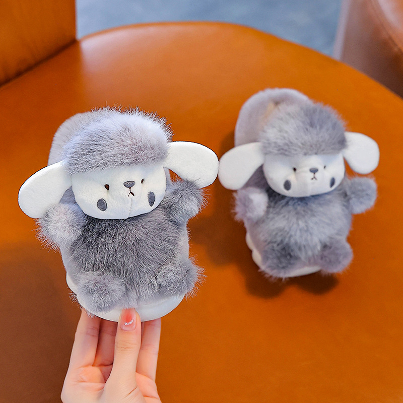 Gyermekeknek készült házicipő nyúl szőrrel a felsőrészen, PVC talppal, vastag, belső használatra, rajzfilm stílus, 1–16 éveseknek