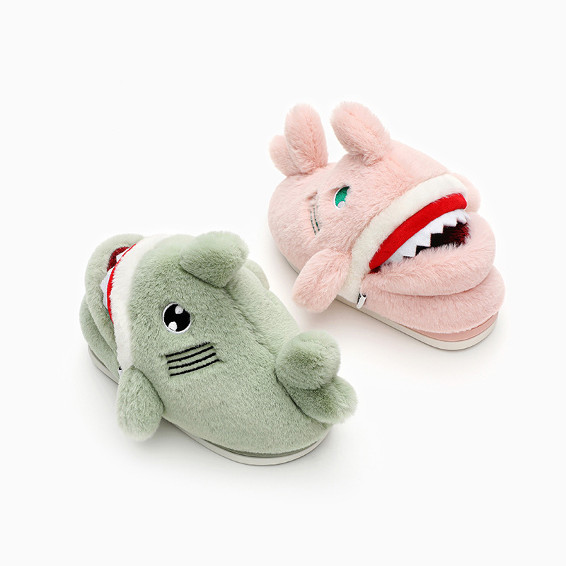 Papuci de interior pentru copii pentru iarnă, model rechin, partea superioară din velur, talpă TPR, căptușeală groasă, pentru copii 7–12 ani