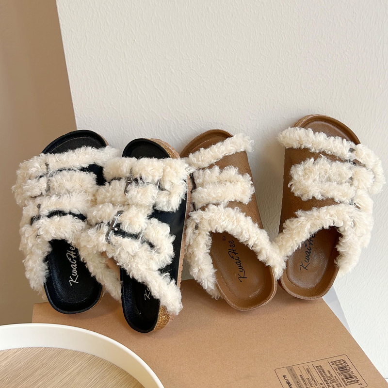 Djevojčice papuče u korejskom stilu, topli pliš papuče s umjetnom kožom na gornjem dijelu, gumeni potplat, jednobojni uzorak, uzrast 1-12 godina
