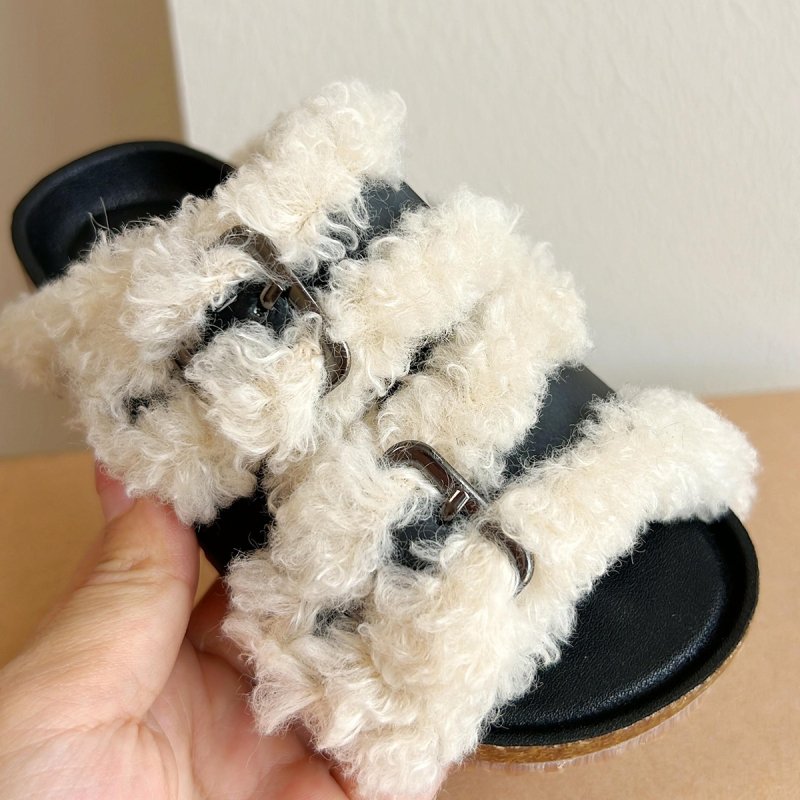 Djevojčice papuče u korejskom stilu, topli pliš papuče s umjetnom kožom na gornjem dijelu, gumeni potplat, jednobojni uzorak, uzrast 1-12 godina