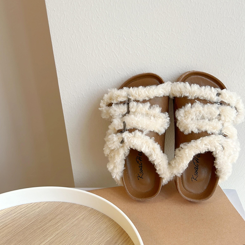 Djevojčice papuče u korejskom stilu, topli pliš papuče s umjetnom kožom na gornjem dijelu, gumeni potplat, jednobojni uzorak, uzrast 1-12 godina