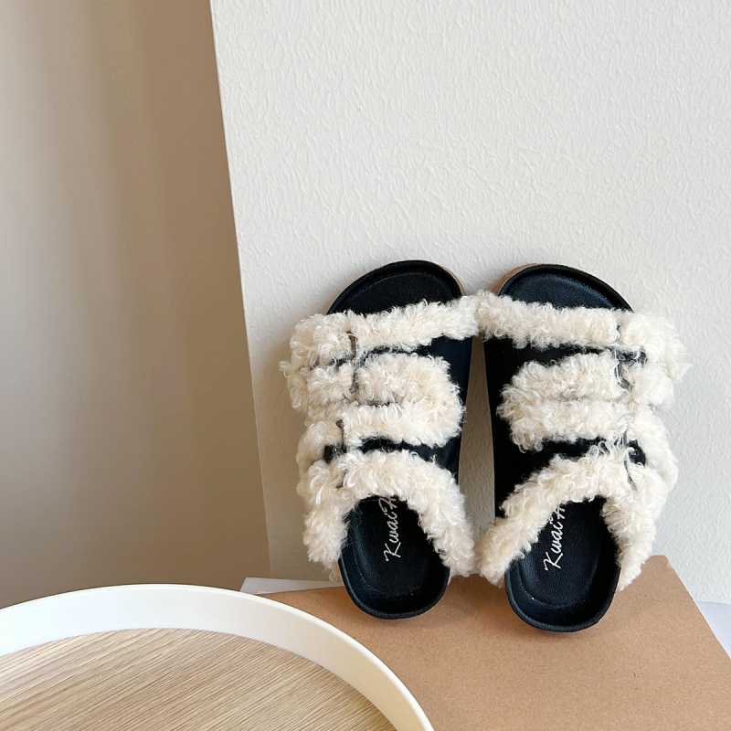 Djevojčice papuče u korejskom stilu, topli pliš papuče s umjetnom kožom na gornjem dijelu, gumeni potplat, jednobojni uzorak, uzrast 1-12 godina