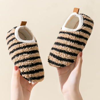 Unisex kućne papuče za djecu i odrasle s gornjim dijelom od flisa, prugasti uzorak, antislip potplat od TPR-a, debeli za jesen-zimu