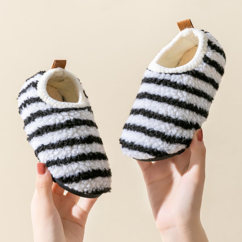 Unisex kućne papuče za djecu i odrasle s gornjim dijelom od flisa, prugasti uzorak, antislip potplat od TPR-a, debeli za jesen-zimu