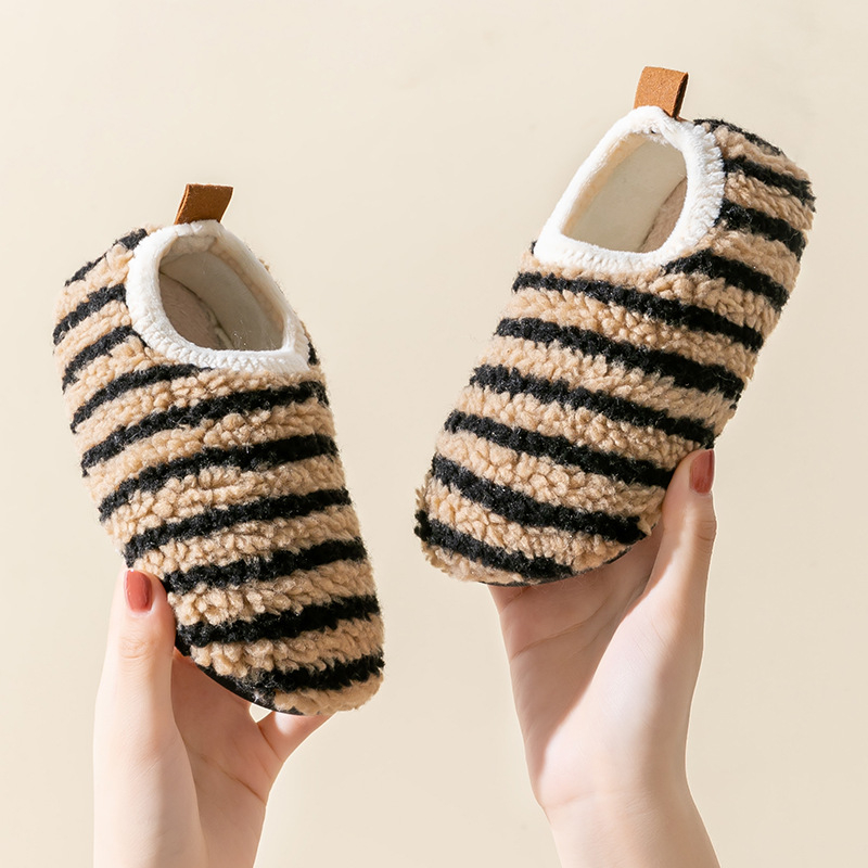 Unisex kućne papuče za djecu i odrasle s gornjim dijelom od flisa, prugasti uzorak, antislip potplat od TPR-a, debeli za jesen-zimu