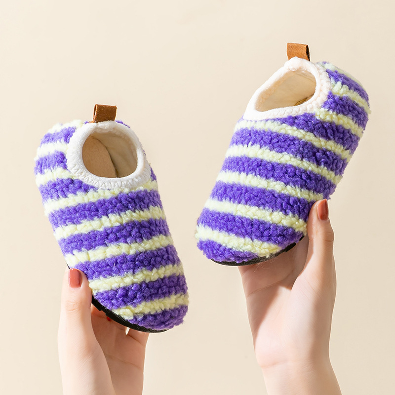 Unisex kućne papuče za djecu i odrasle s gornjim dijelom od flisa, prugasti uzorak, antislip potplat od TPR-a, debeli za jesen-zimu
