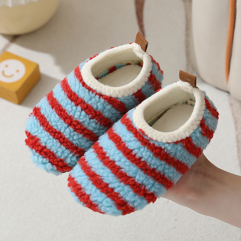 Unisex kućne papuče za djecu i odrasle s gornjim dijelom od flisa, prugasti uzorak, antislip potplat od TPR-a, debeli za jesen-zimu