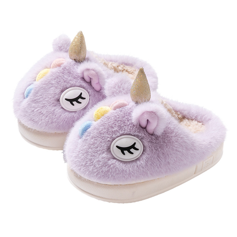 Dječje plišane papuče s jednorogom – zima, tople, protuklizna PVC podloga, uzrast 4–16, gornji pliš