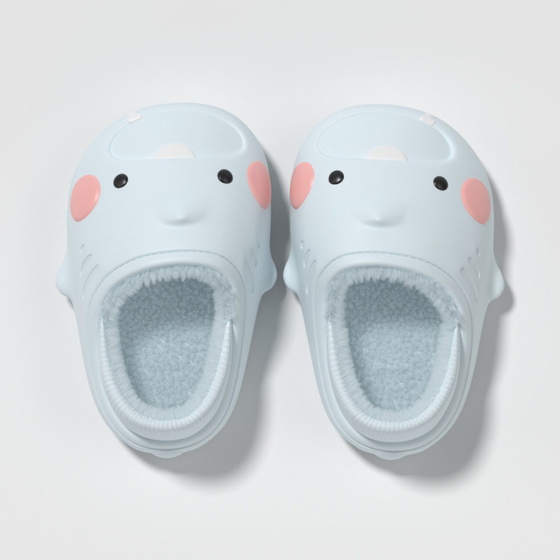 Papuci pentru copii cu rechin desen animat, pentru iarnă, impermeabili, antiderapante, cu căptușeală din bumbac cald