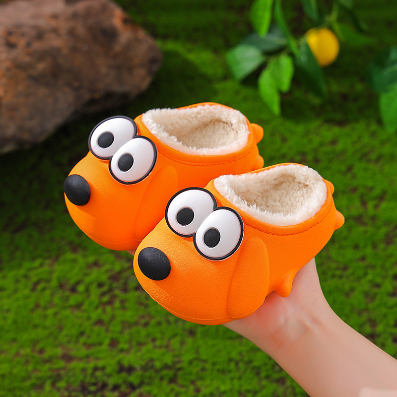 Papuci de casă pentru copii, iarnă, design Cartoon cu un cățeluș drăguț, exterior și talpă din PVC, unisex, izolați, pentru 1–6 ani.