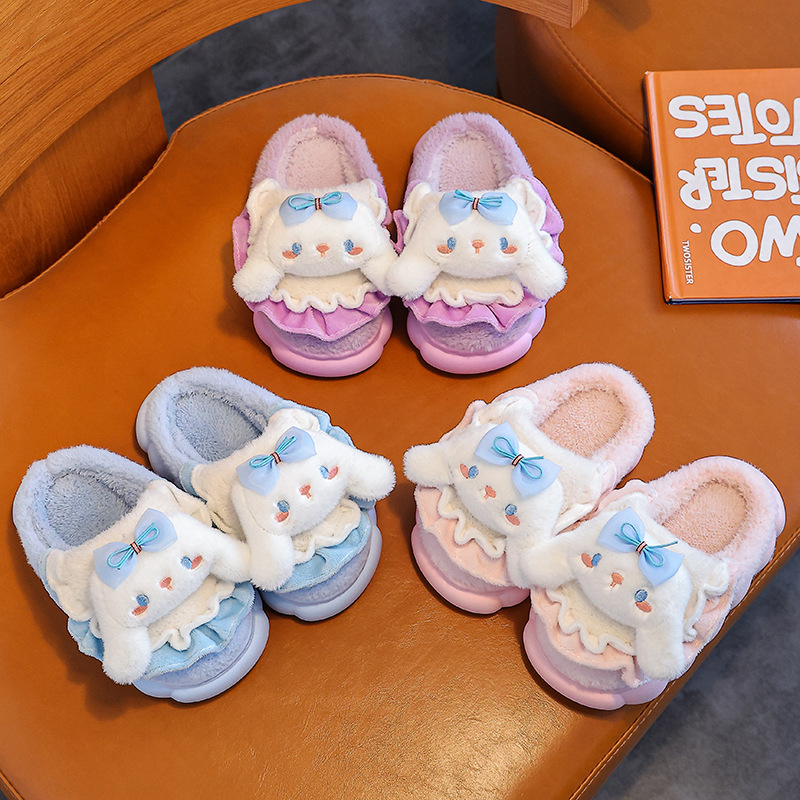 Șlapi de interior pentru fete, design Cartoon din pluș, talpă din cauciuc, pentru vârsta 1–12 ani