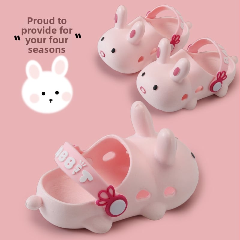 Papuci de copii cu iepuraș – unisex, închise la vârf, PVC partea superioară, pentru toate anotimpurile, antiderapante, pentru vârste 1–16 ani