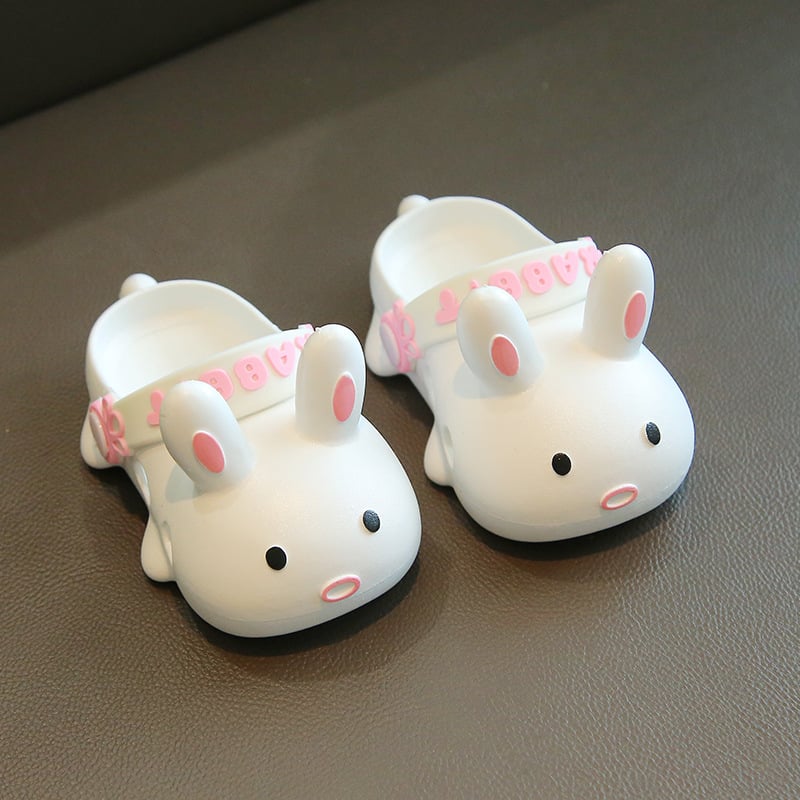 Papuci de copii cu iepuraș – unisex, închise la vârf, PVC partea superioară, pentru toate anotimpurile, antiderapante, pentru vârste 1–16 ani