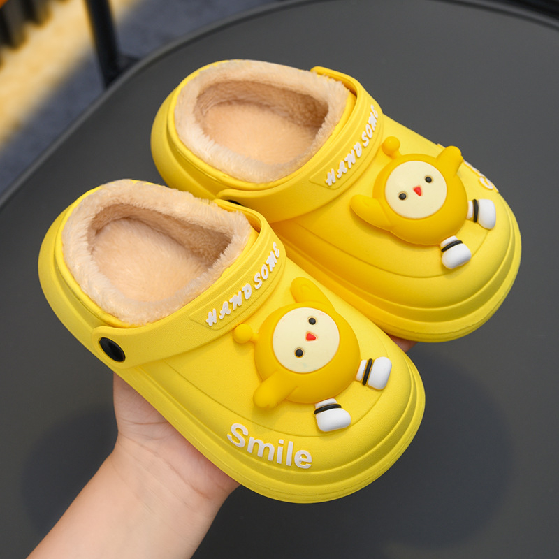 Papuci de interior pentru copii, model desen animat, partea superioară din PVC și talpa din PVC, impermeabile, căptușiți cu fleece