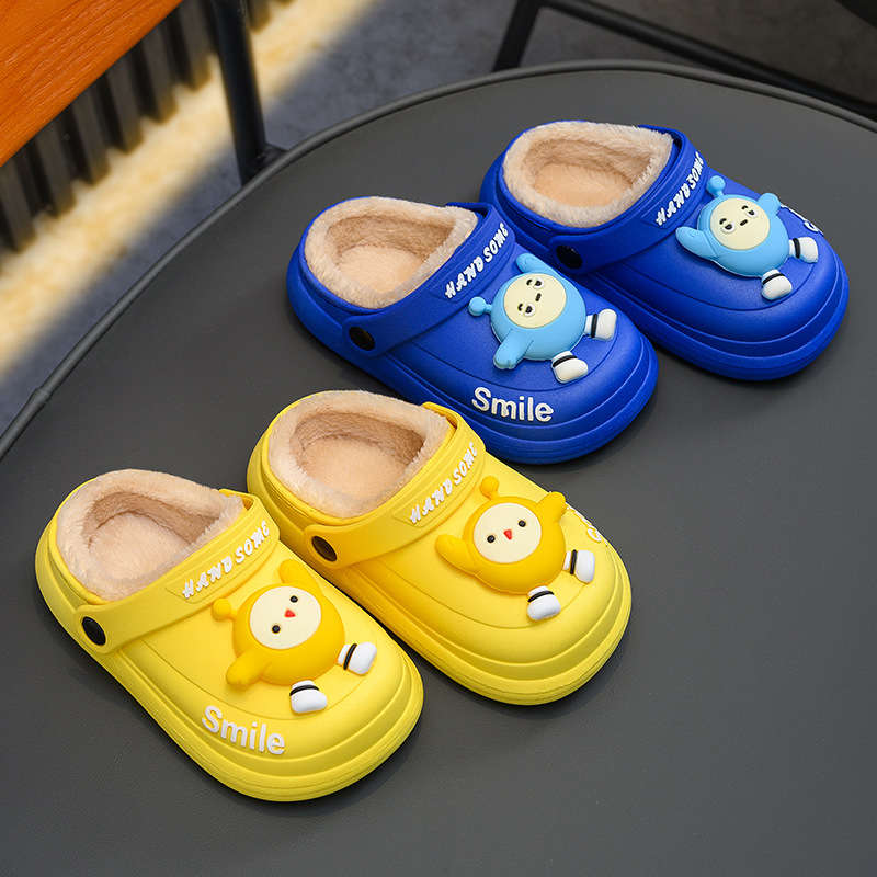 Papuci de interior pentru copii, model desen animat, partea superioară din PVC și talpa din PVC, impermeabile, căptușiți cu fleece