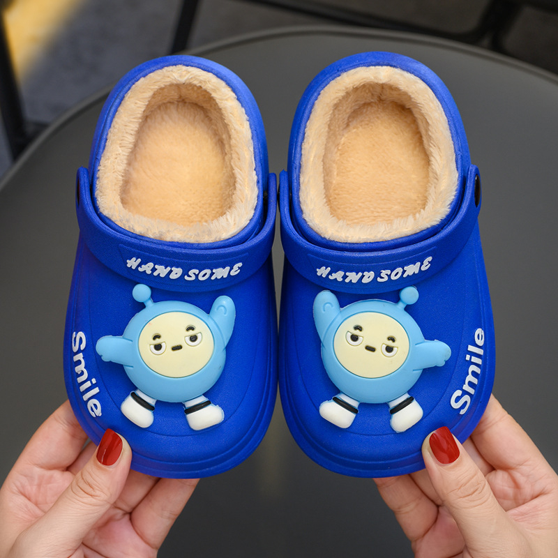 Papuci de interior pentru copii, model desen animat, partea superioară din PVC și talpa din PVC, impermeabile, căptușiți cu fleece